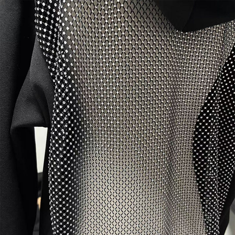 Openwork rhinestone-studded mesh loose hooded top