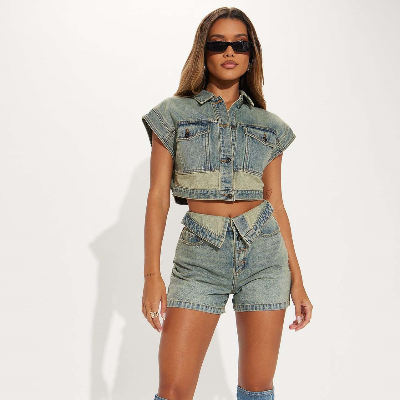 The Elara Asymmetrical Waisted Denim Two-Piece Set