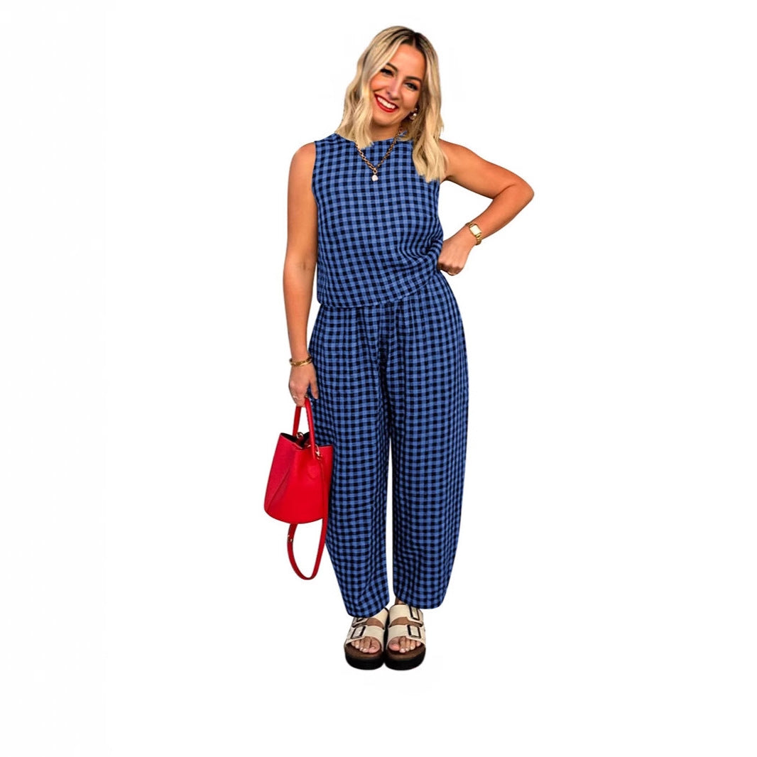 The Elara Plus Size Relaxed Check Tank & Pant Set
