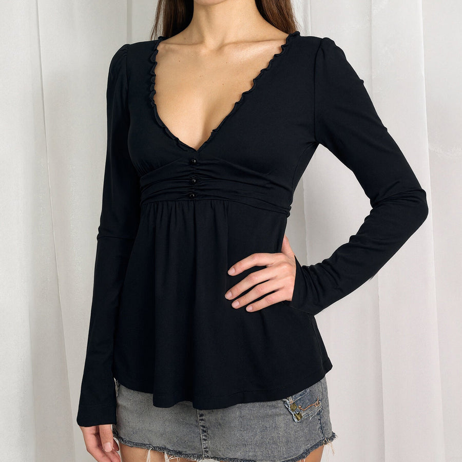 The Maison Lace Trim Ruched Peplum Top