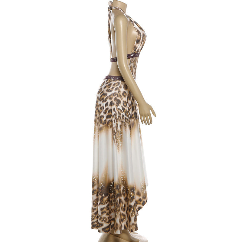 The Elara Leopard Halter Backless Maxi Dress