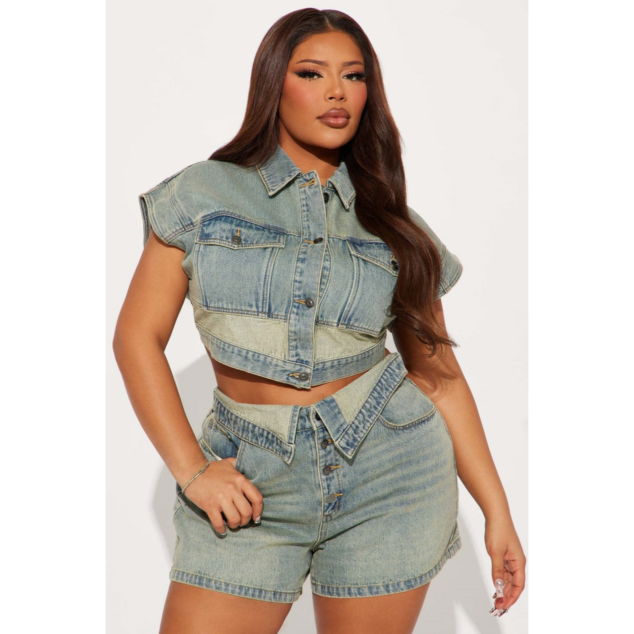 The Elara Asymmetrical Waisted Denim Two-Piece Set