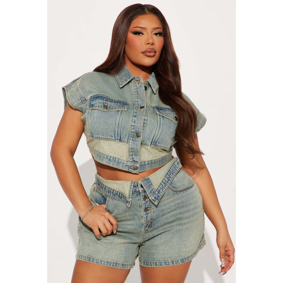 The Elara Asymmetrical Waisted Denim Two-Piece Set