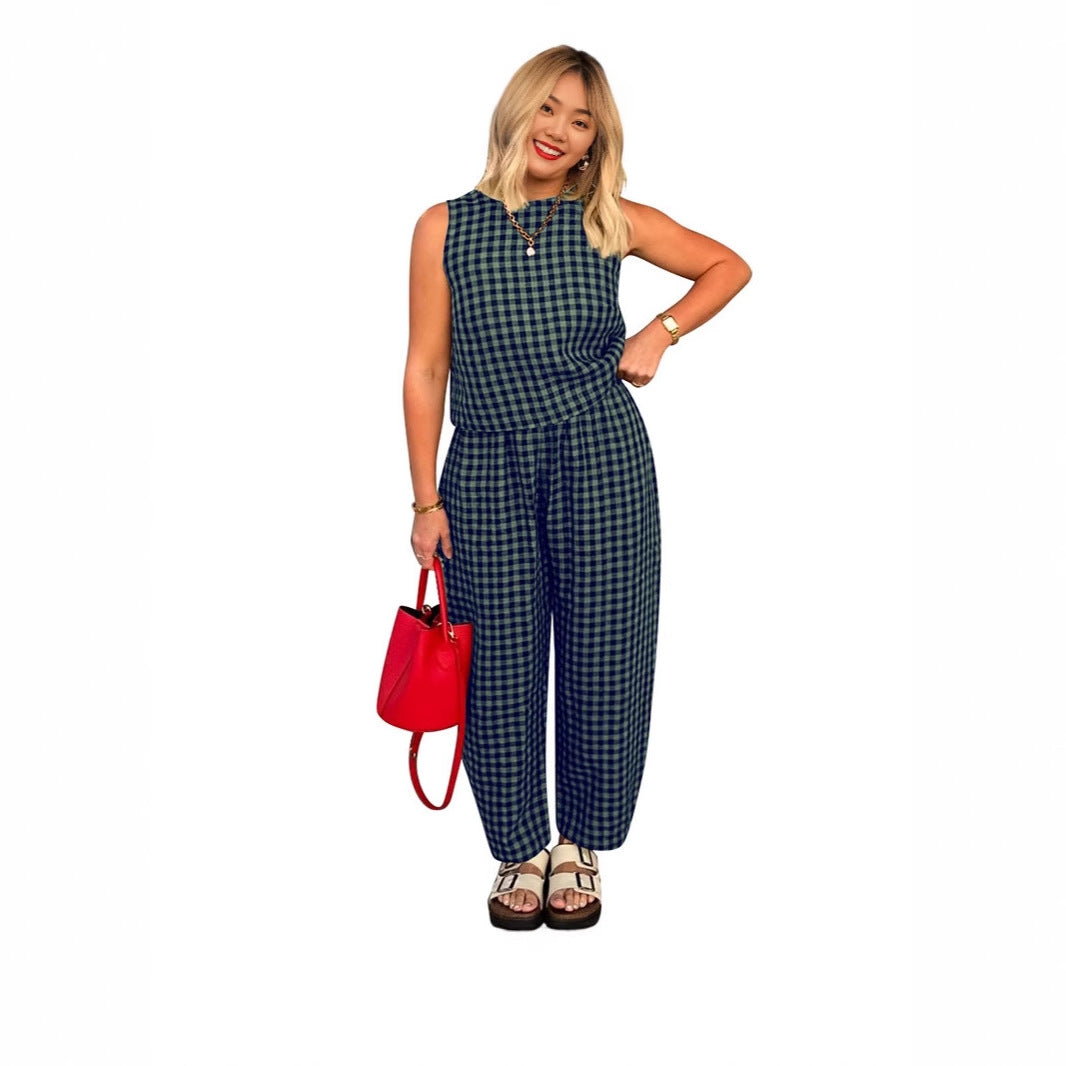 The Elara Plus Size Relaxed Check Tank & Pant Set