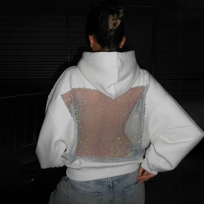 Openwork rhinestone-studded mesh loose hooded top