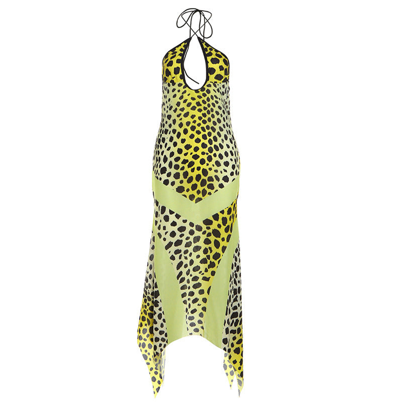 The Elara Golden Leopard  Halter Dress