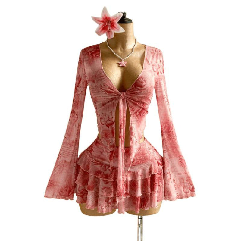 The Elara Romantic Floral Tie-Front Mesh Set