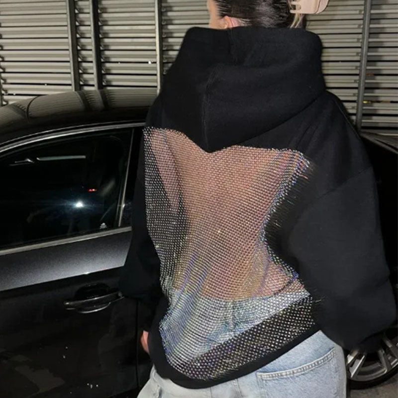 Openwork rhinestone-studded mesh loose hooded top