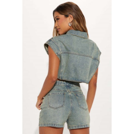 The Elara Asymmetrical Waisted Denim Two-Piece Set