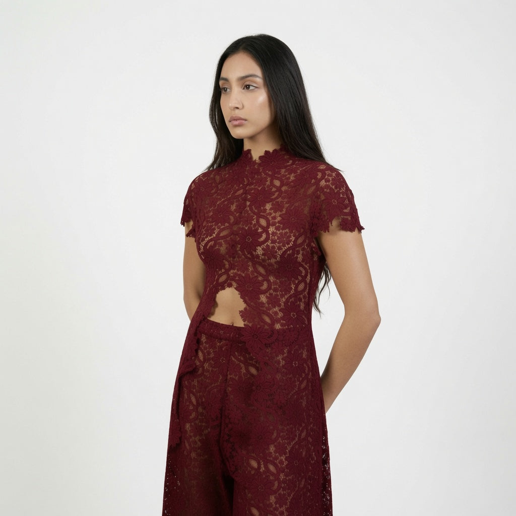 The Elara High Neck Lace Cutout Flowy Set