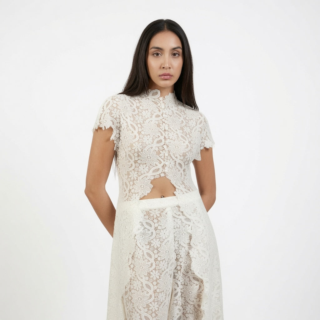 The Elara High Neck Lace Cutout Flowy Set