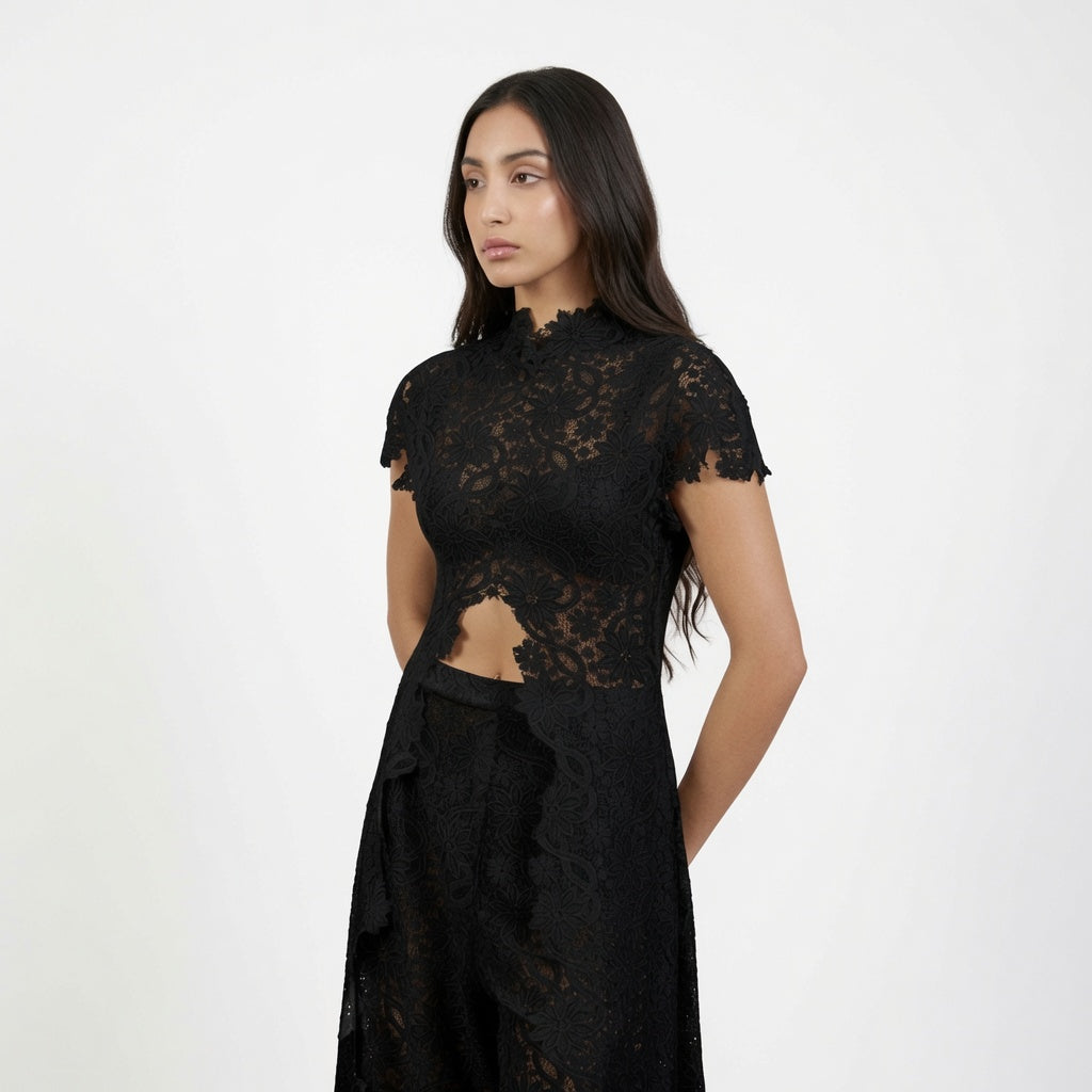 The Elara High Neck Lace Cutout Flowy Set