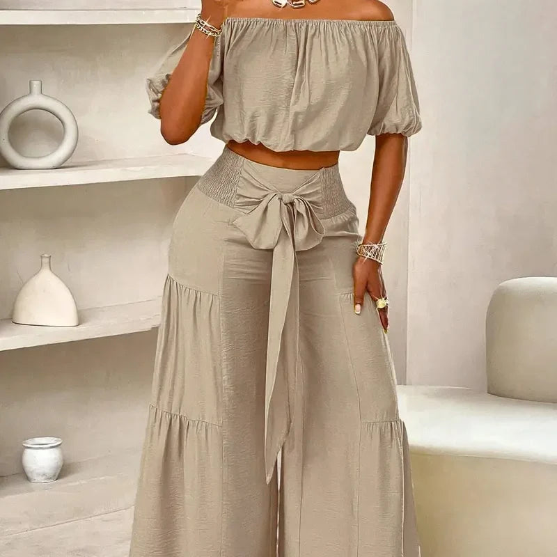 The Elara Off-Shoulder Tiered Wide-Leg Set
