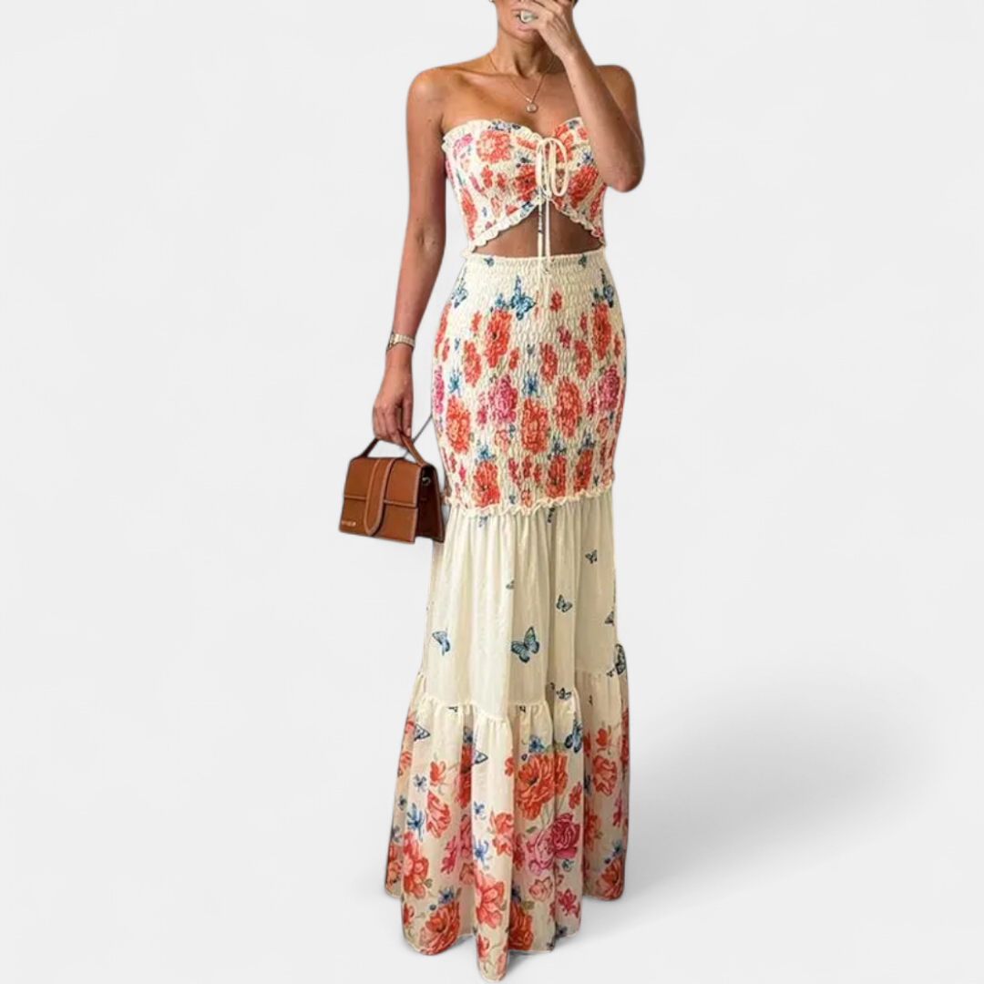 ISLA™ – Tropical Print Strapless Ruffle Maxi Set