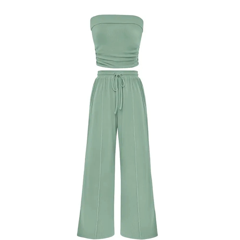 The Elara Ribbed Knit Tube Top & Wide Leg Pants Set