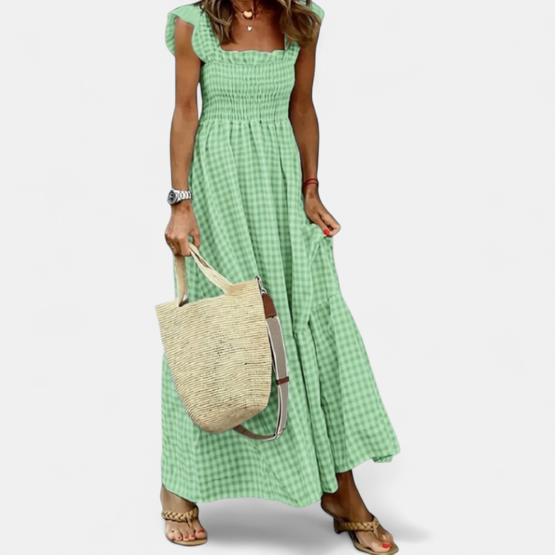 CECILY™ – Patchwork Plaid Flared Midi Dress