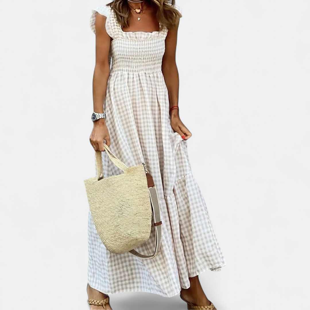 CECILY™ – Patchwork Plaid Flared Midi Dress