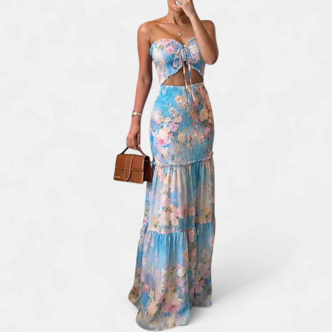 ISLA™ – Tropical Print Strapless Ruffle Maxi Set