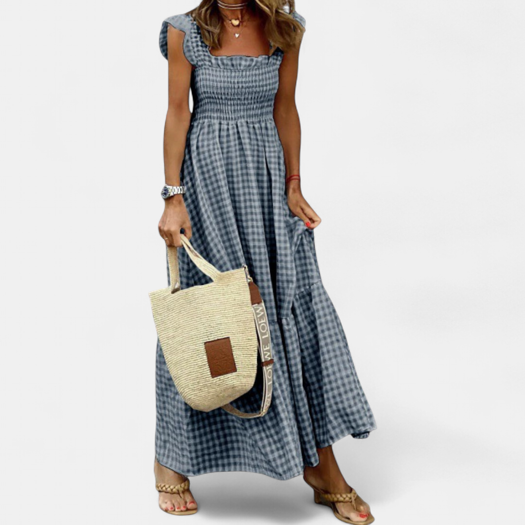 CECILY™ – Patchwork Plaid Flared Midi Dress