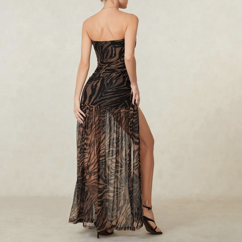 Zebra Shadow Strapless Mesh Maxi Dress