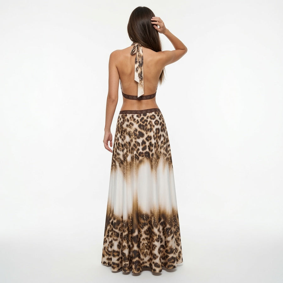 The Maison Leopard Halter Backless Maxi Dress