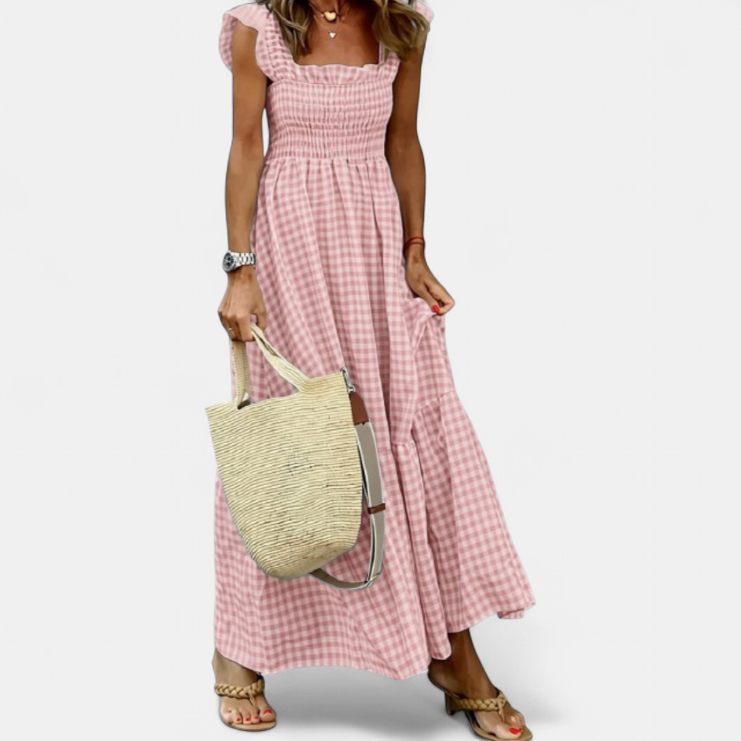 CECILY™ – Patchwork Plaid Flared Midi Dress