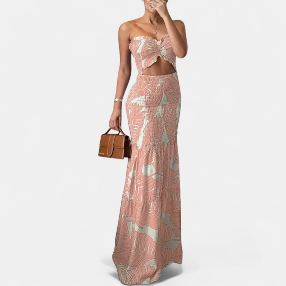 ISLA™ – Tropical Print Strapless Ruffle Maxi Set