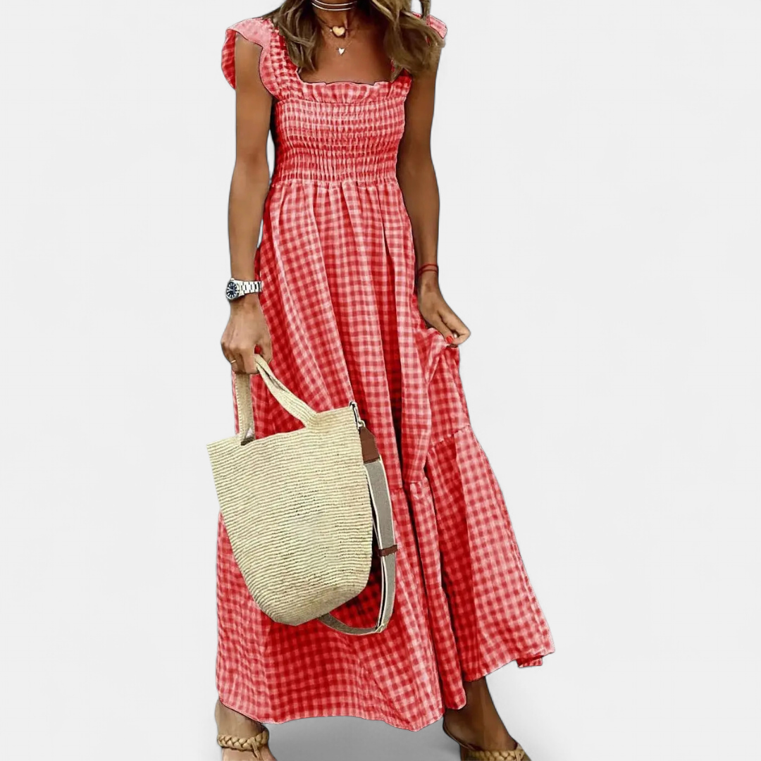 CECILY™ – Patchwork Plaid Flared Midi Dress