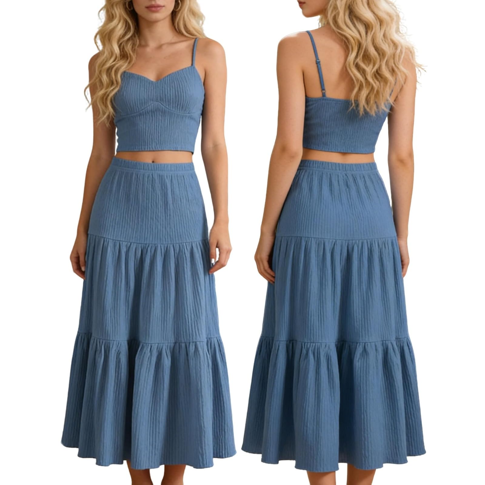 Heart-shaped neckline textured camisole top and long skirt set