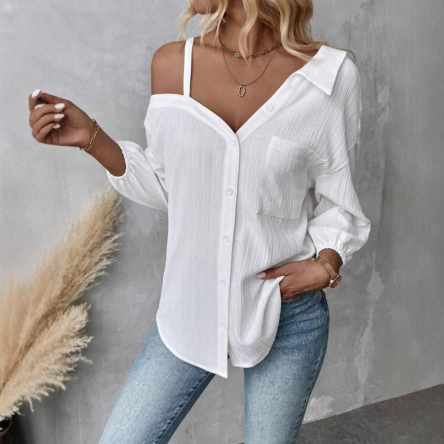 The Maison Asymmetric Cold Shoulder Textured Blouse