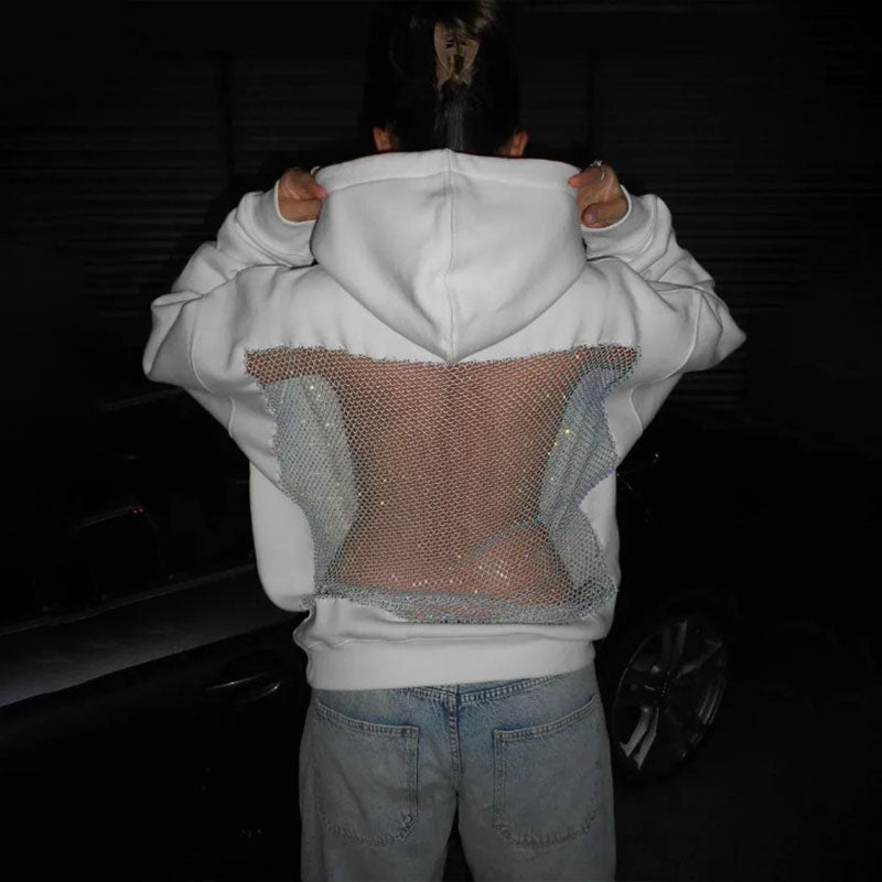 Openwork rhinestone-studded mesh loose hooded top