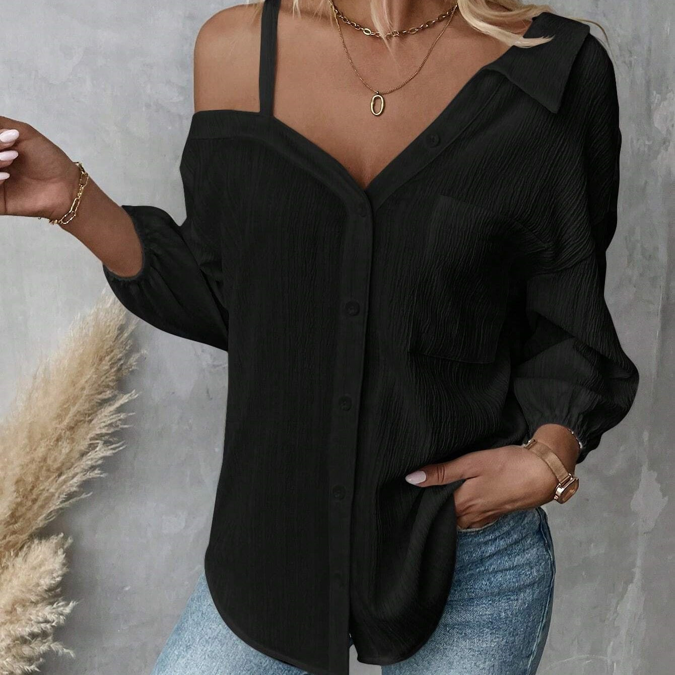 The Elara Asymmetric Cold Shoulder Textured Blouse