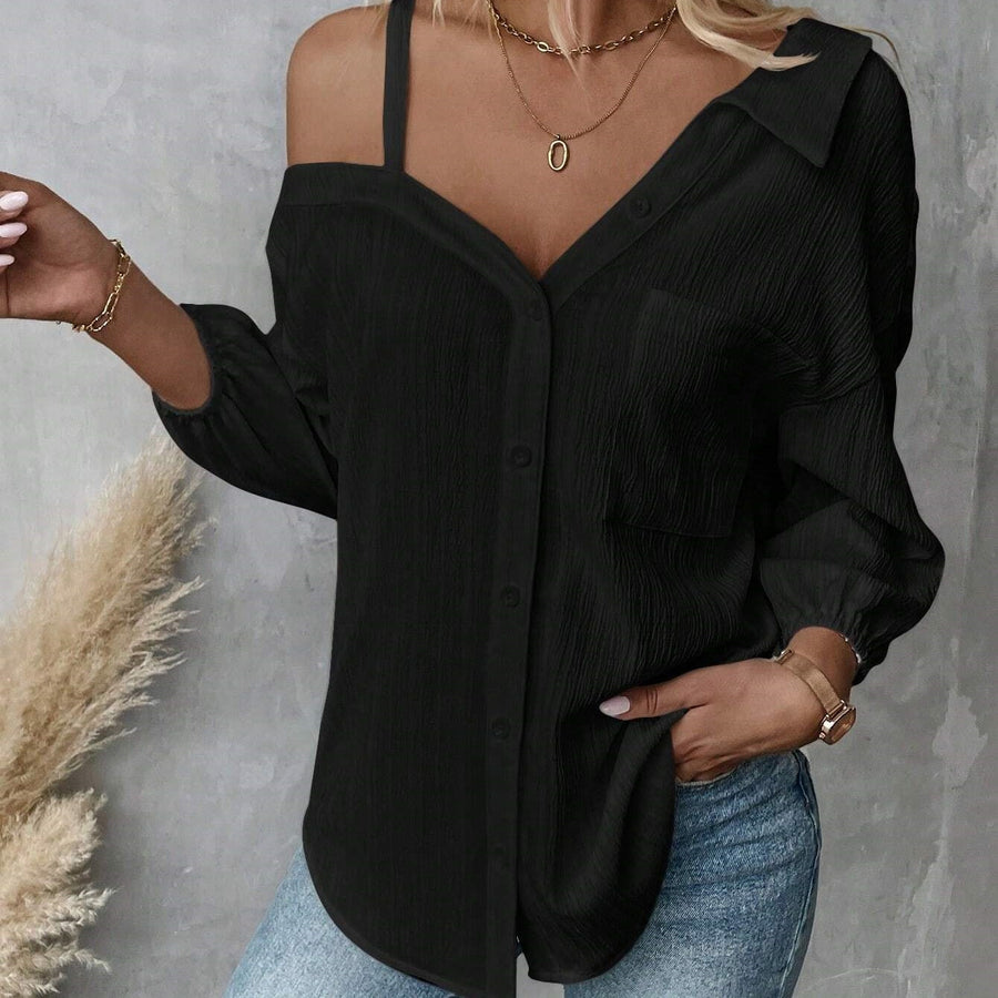 The Maison Asymmetric Cold Shoulder Textured Blouse