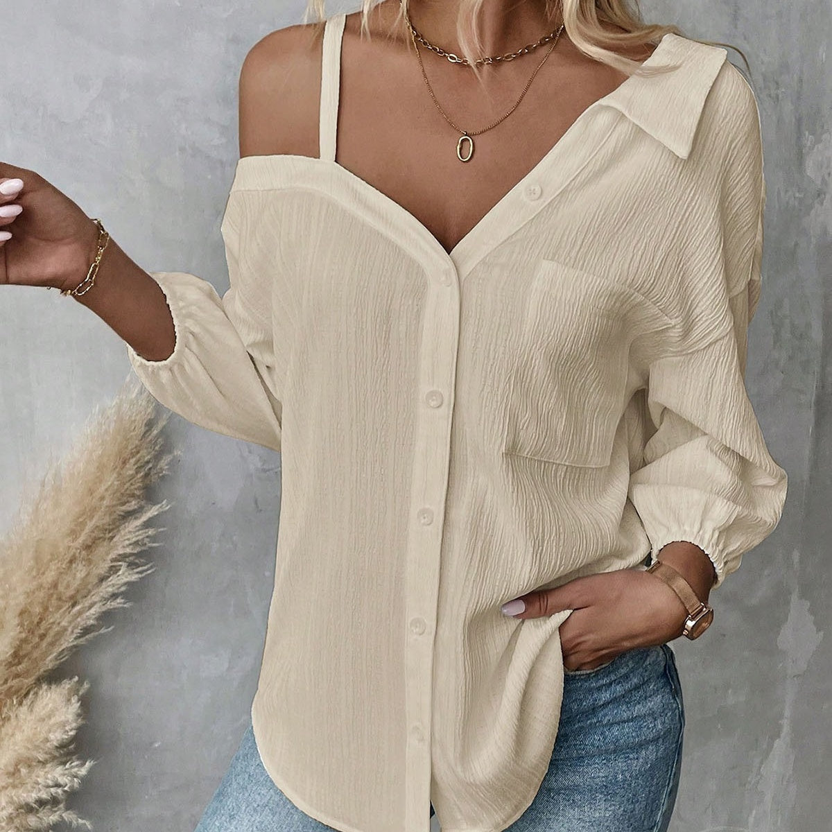 The Elara Asymmetric Cold Shoulder Textured Blouse