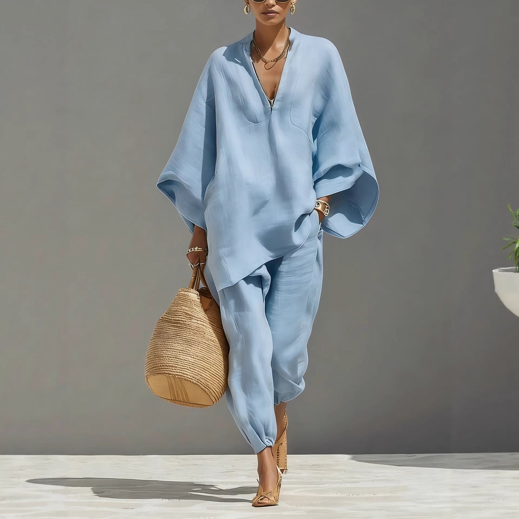 V-neck batwing-sleeve top and trousers set