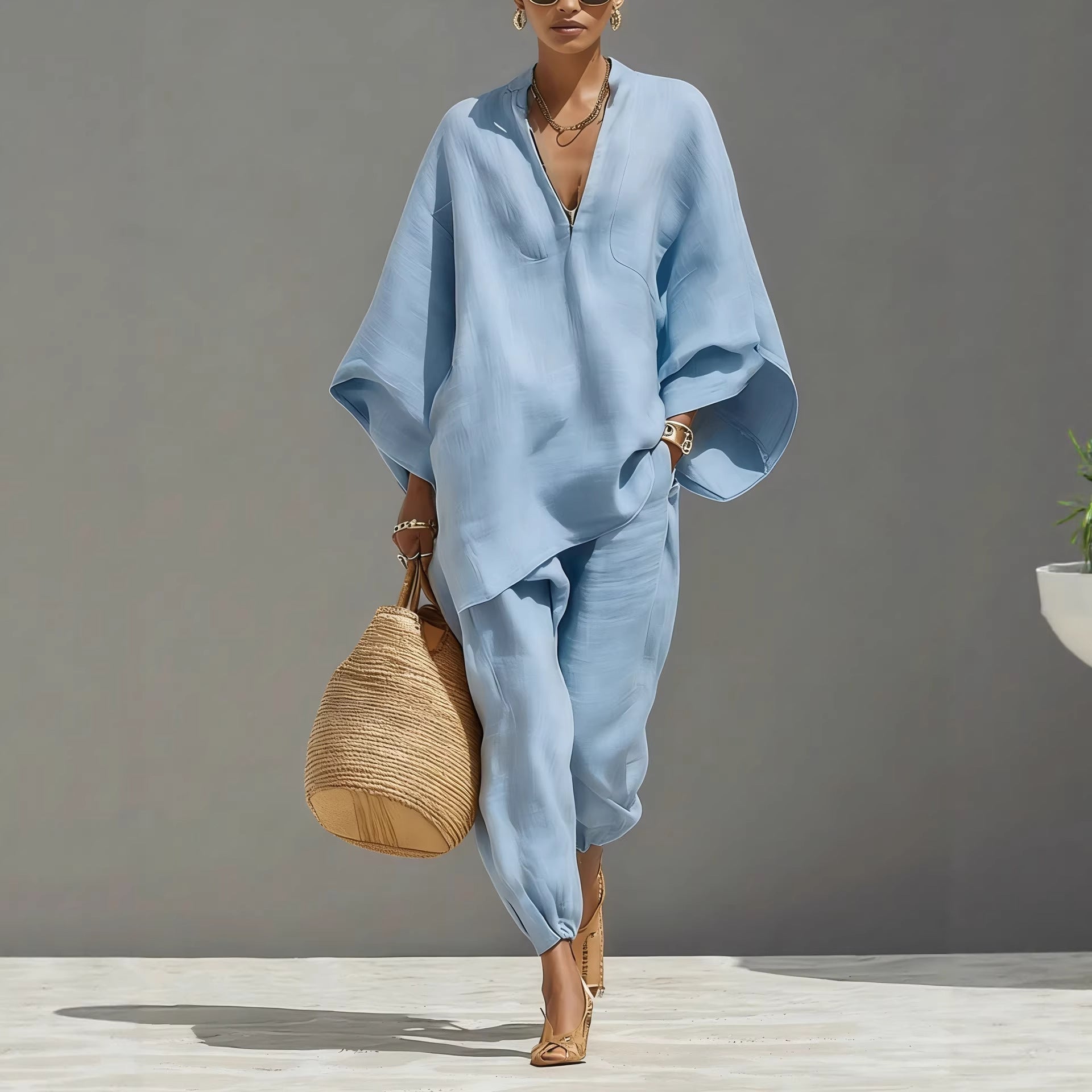 V-neck batwing-sleeve top and trousers set