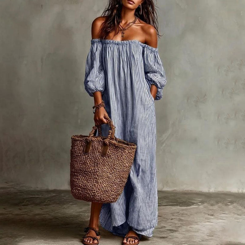Striped off-shoulder puff-sleeve loose dress