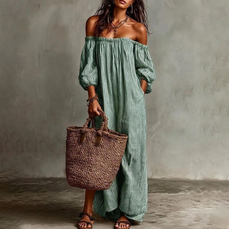 Striped off-shoulder puff-sleeve loose dress