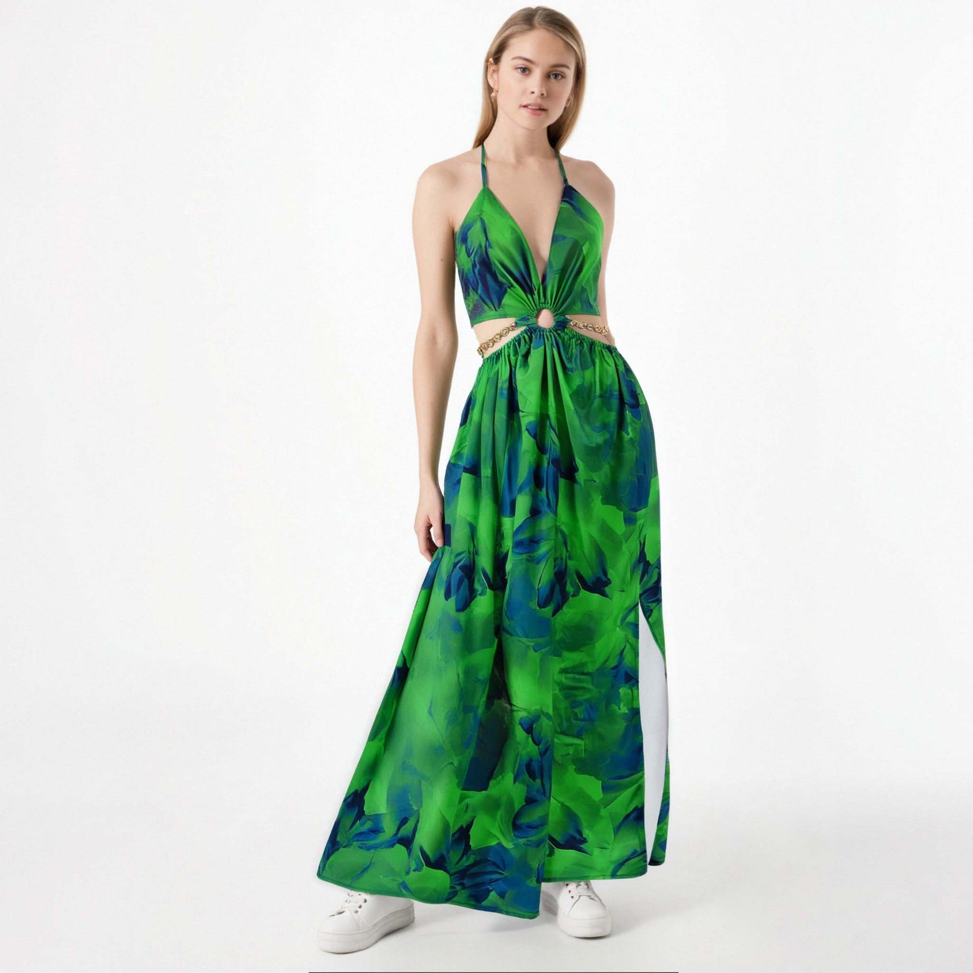 Deep V-neck backless high slit tropical print dress
