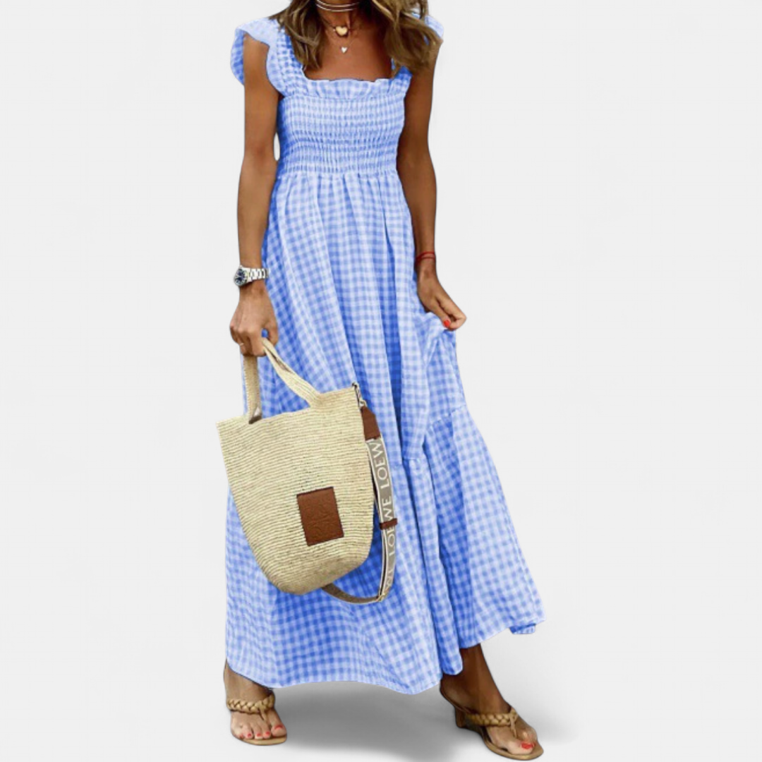 CECILY™ – Patchwork Plaid Flared Midi Dress