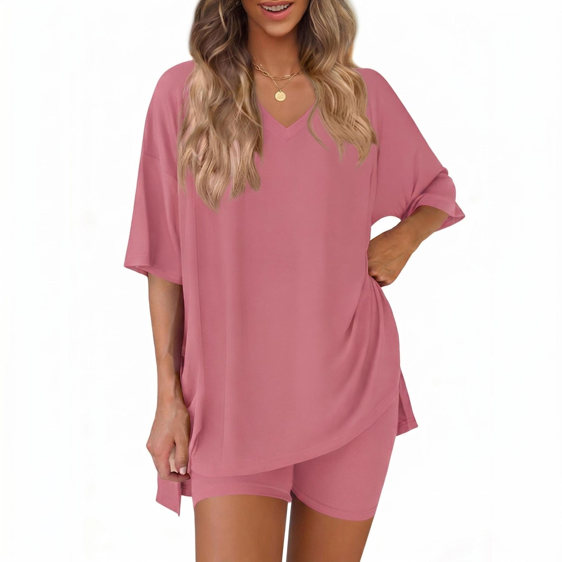 The Elara Plus Size V-Neck Tunic and Shorts Lounge Set