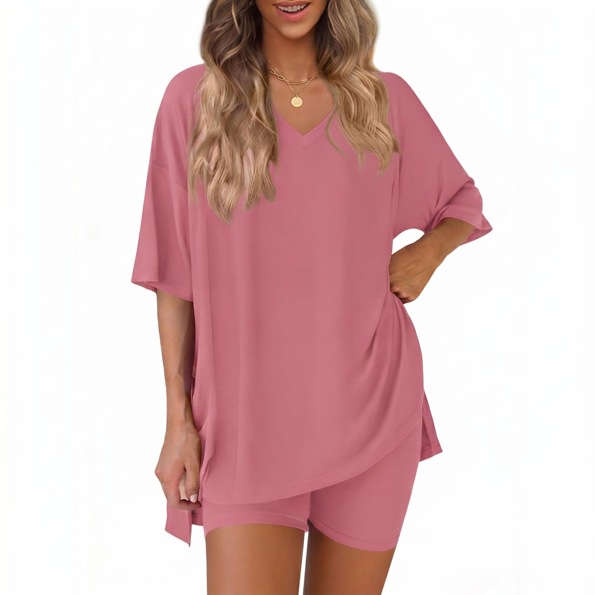 The Elara Plus Size V-Neck Tunic and Shorts Lounge Set