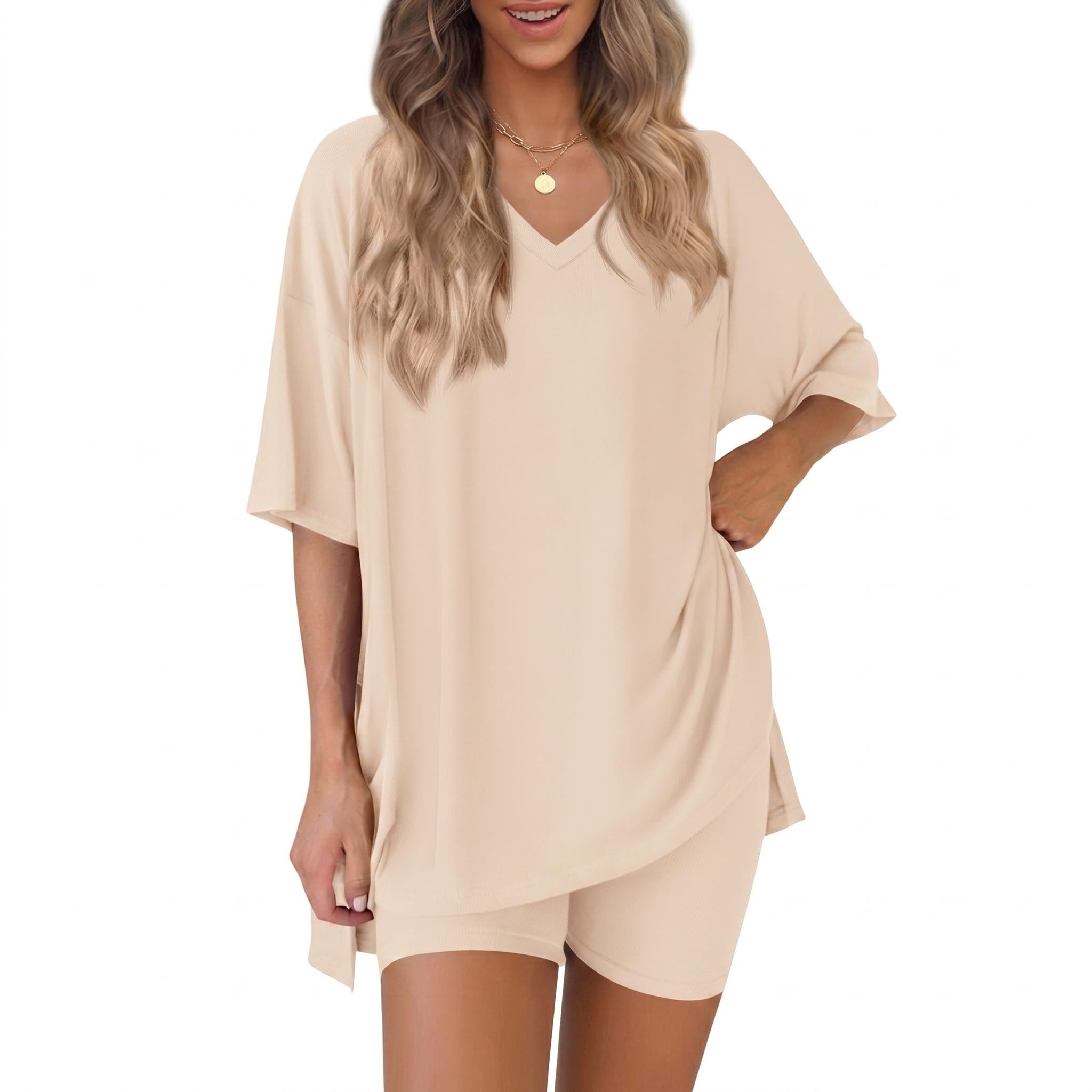 The Elara Plus Size V-Neck Tunic and Shorts Lounge Set