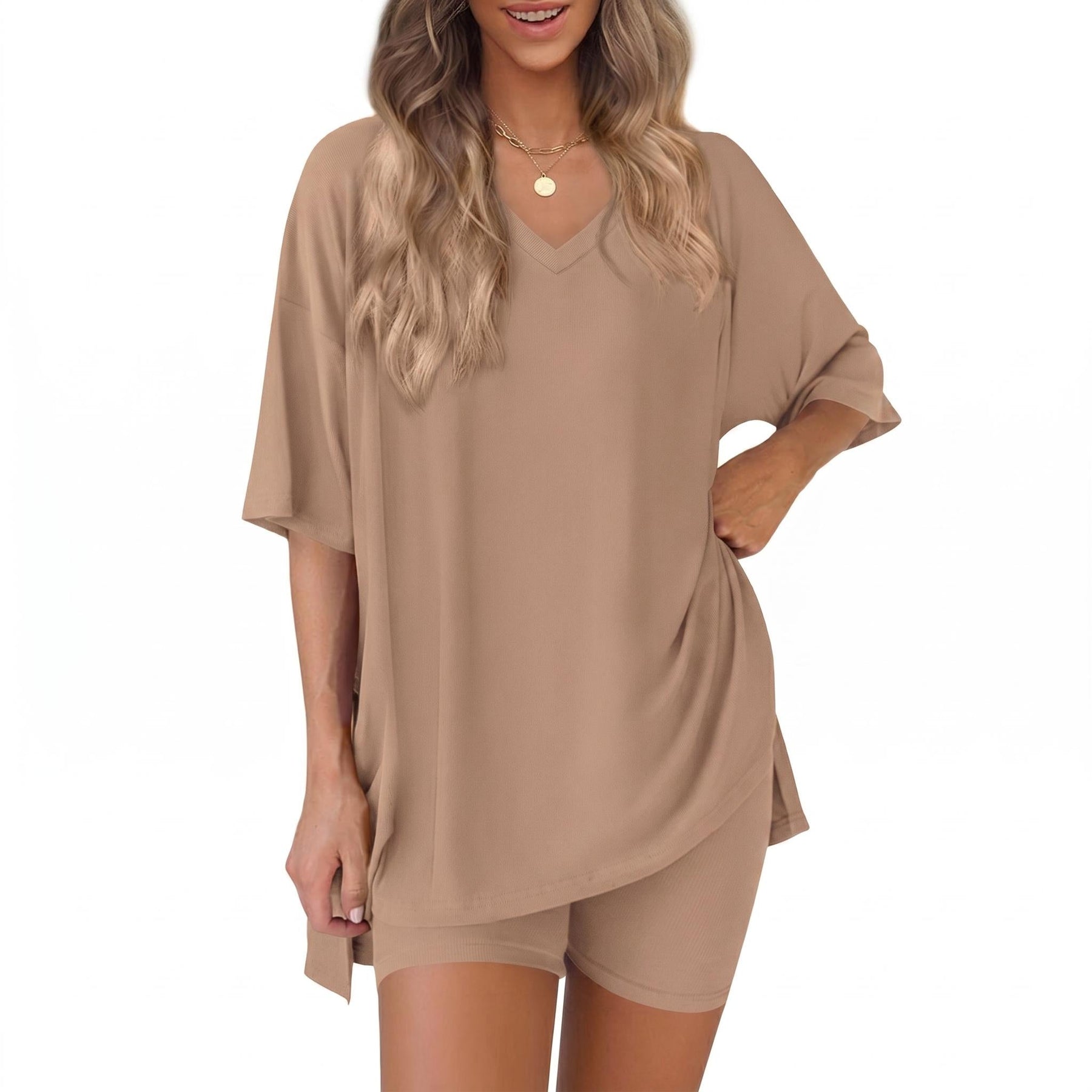 The Elara Plus Size V-Neck Tunic and Shorts Lounge Set