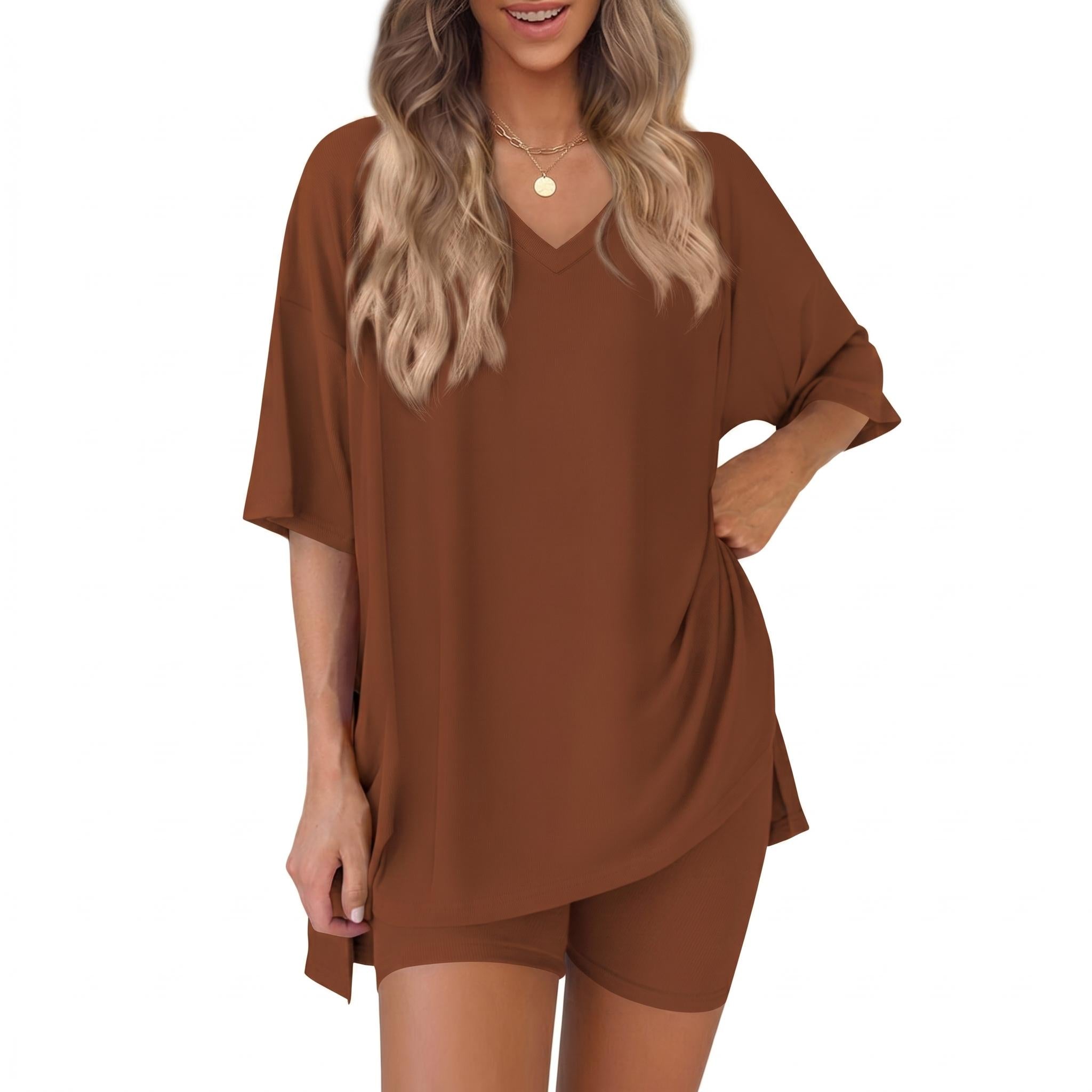 The Elara Plus Size V-Neck Tunic and Shorts Lounge Set