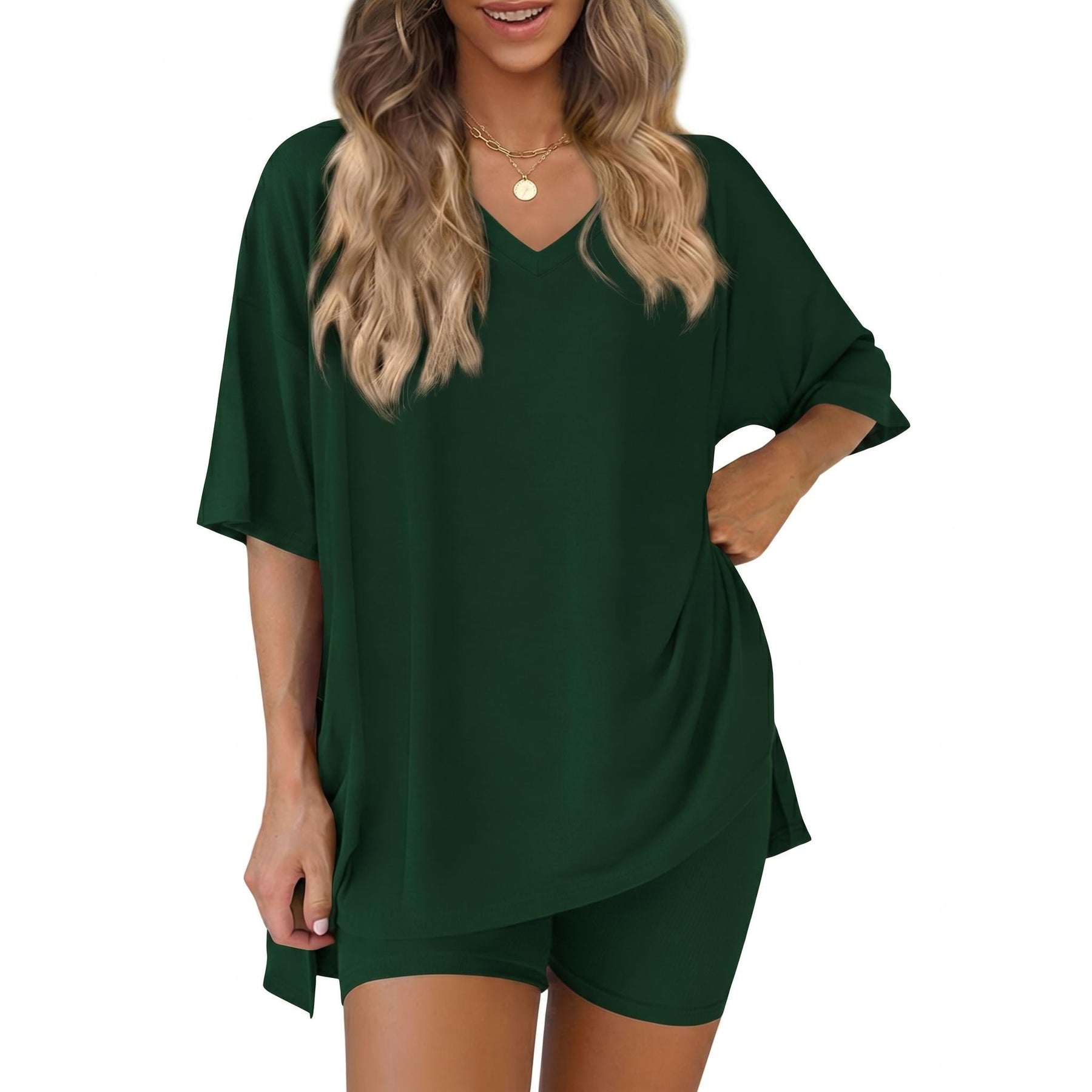The Elara Plus Size V-Neck Tunic and Shorts Lounge Set
