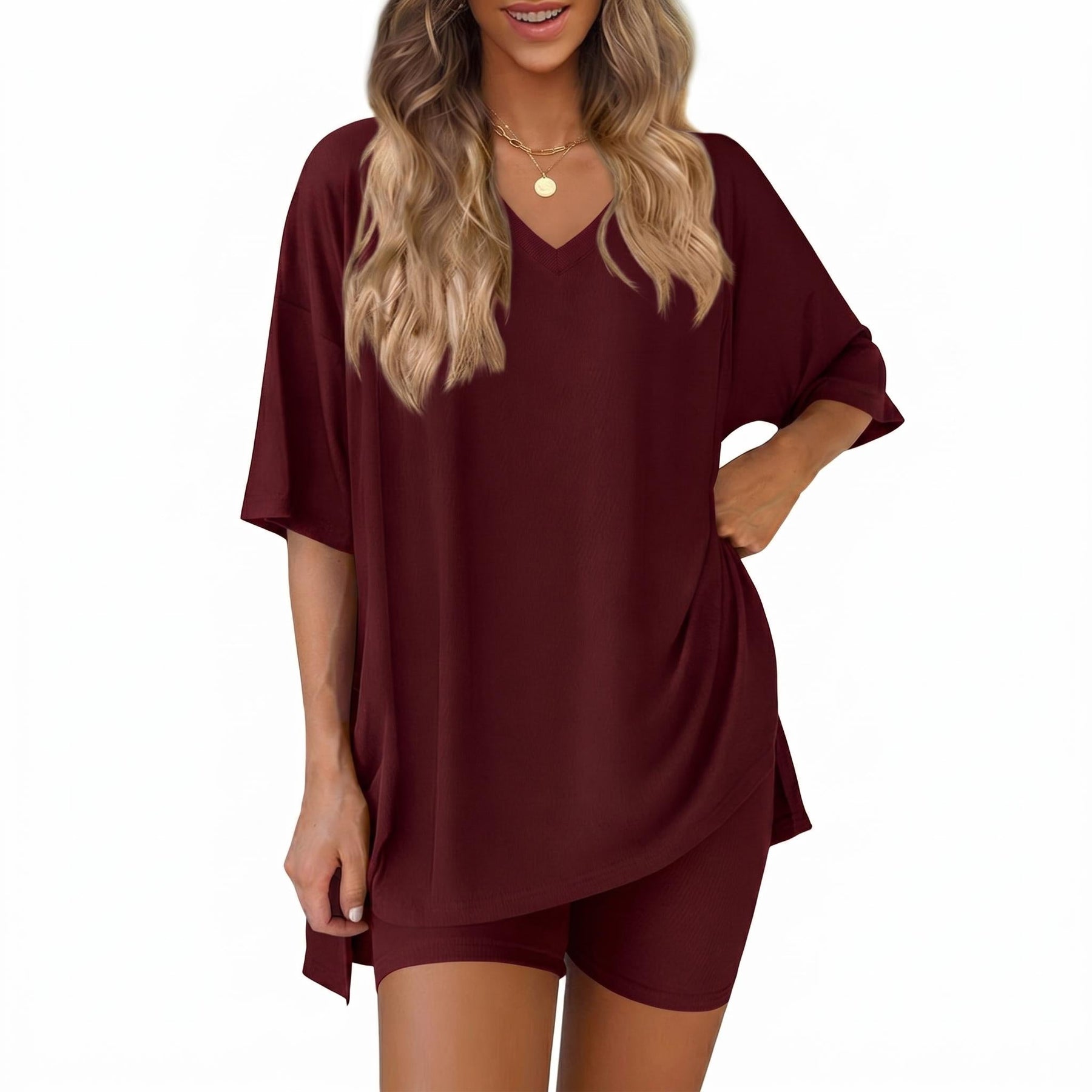 The Elara Plus Size V-Neck Tunic and Shorts Lounge Set