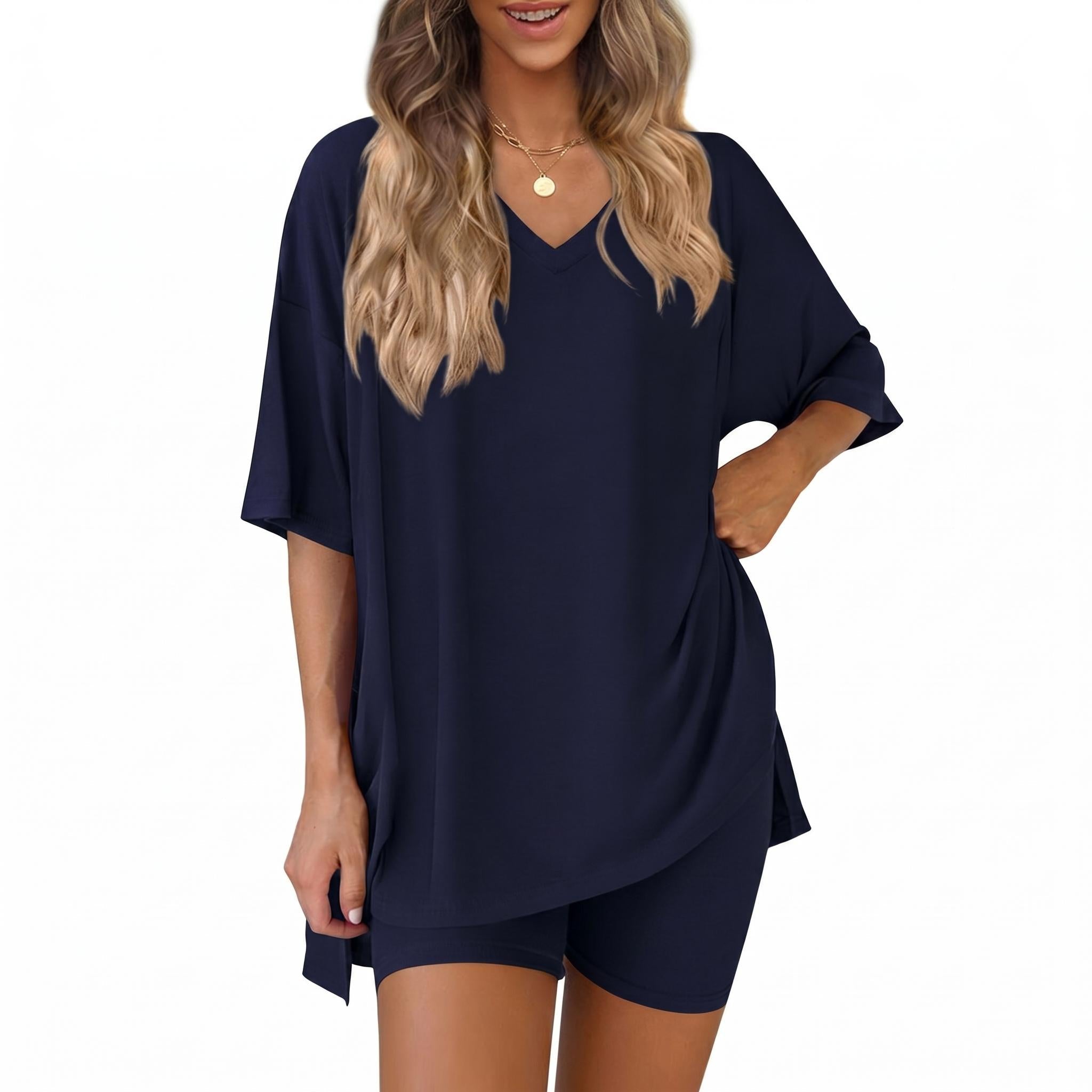 The Elara Plus Size V-Neck Tunic and Shorts Lounge Set