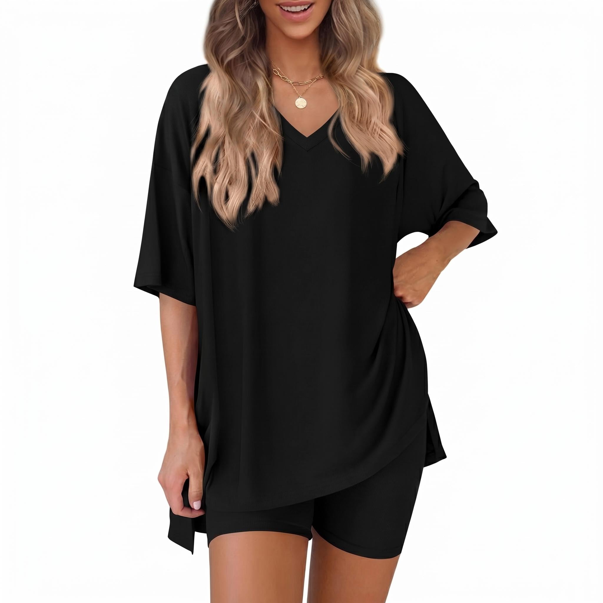 The Elara Plus Size V-Neck Tunic and Shorts Lounge Set