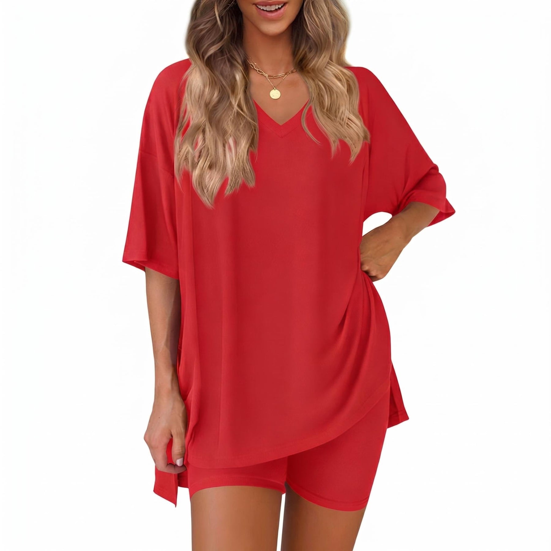 The Elara Plus Size V-Neck Tunic and Shorts Lounge Set